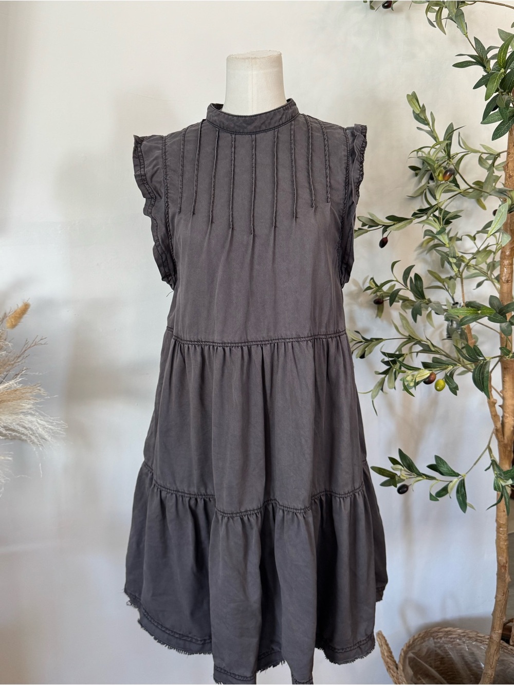 By Anthropologie Charcoal Grey Lyocell Tiered Pintuck Ruffled Mini Dress Size S
